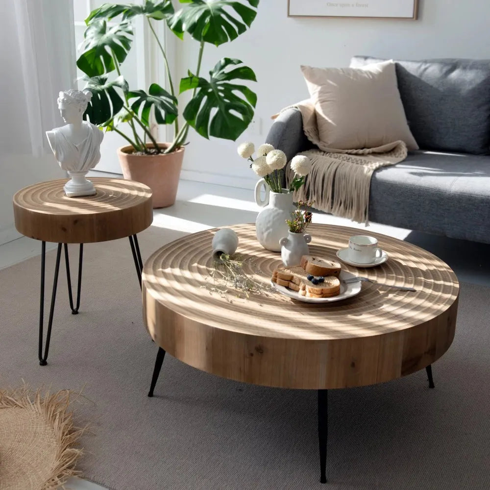 2-Piece Round Wooden Coffee Table Set