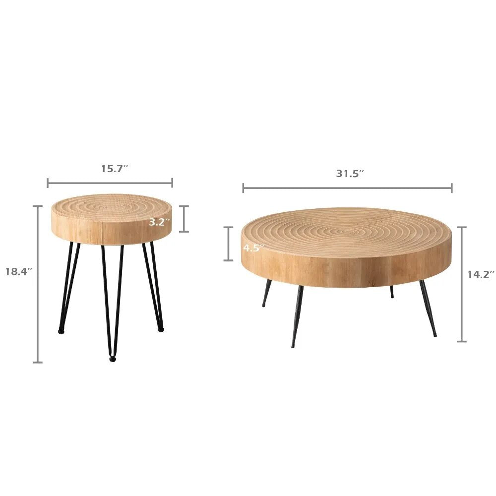 2-Piece Round Wooden Coffee Table Set