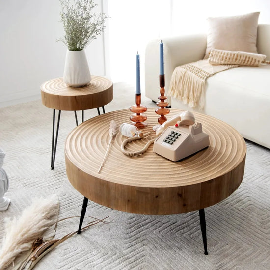 2-Piece Round Wooden Coffee Table Set