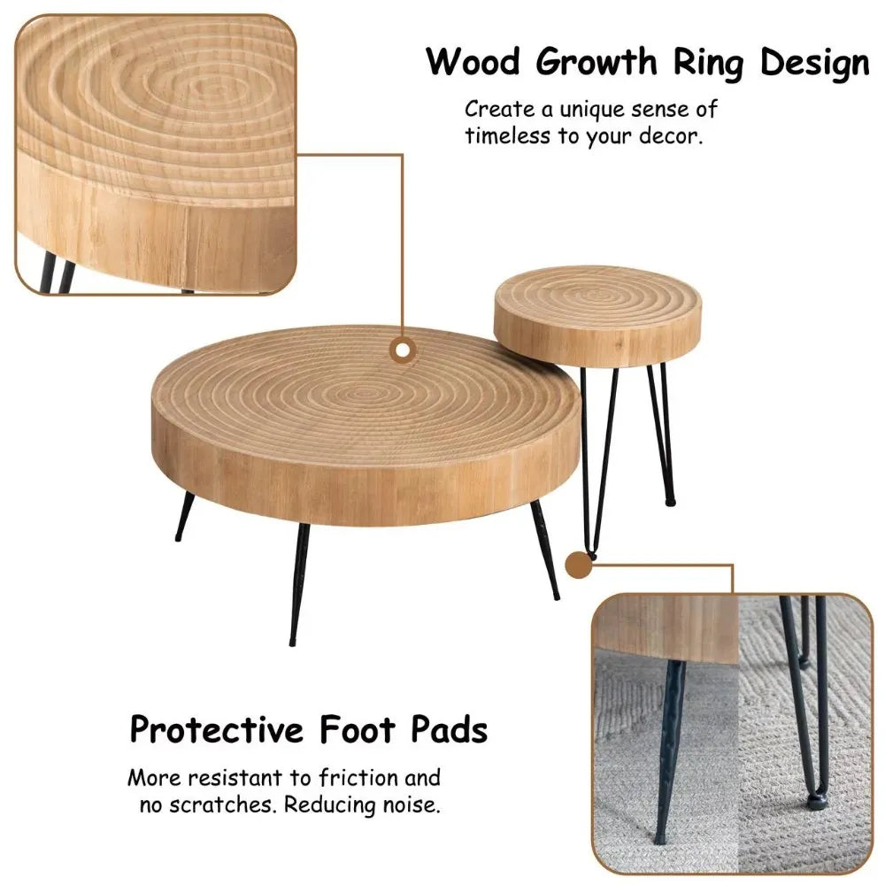 2-Piece Round Wooden Coffee Table Set