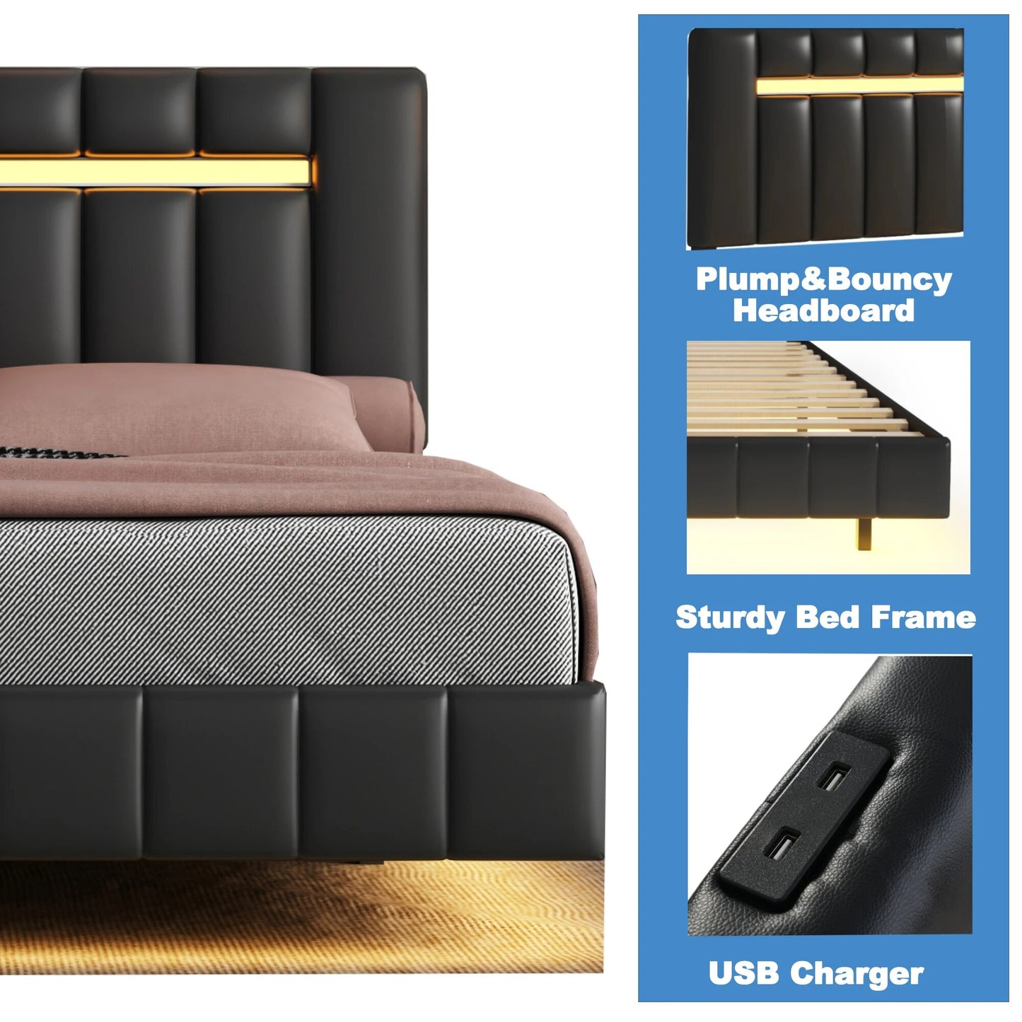 Queen Size Floating Bed Frame with LED Lights