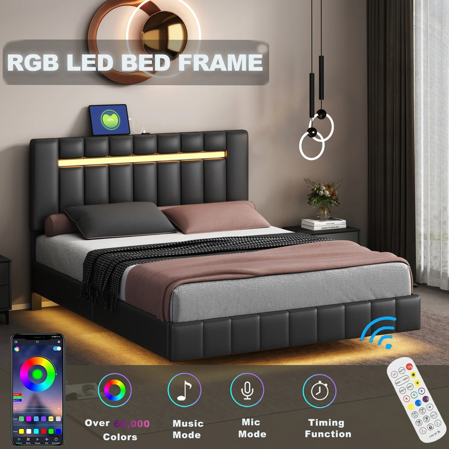 Queen Size Floating Bed Frame with LED Lights