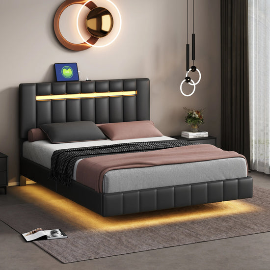 Queen Size Floating Bed Frame with LED Lights