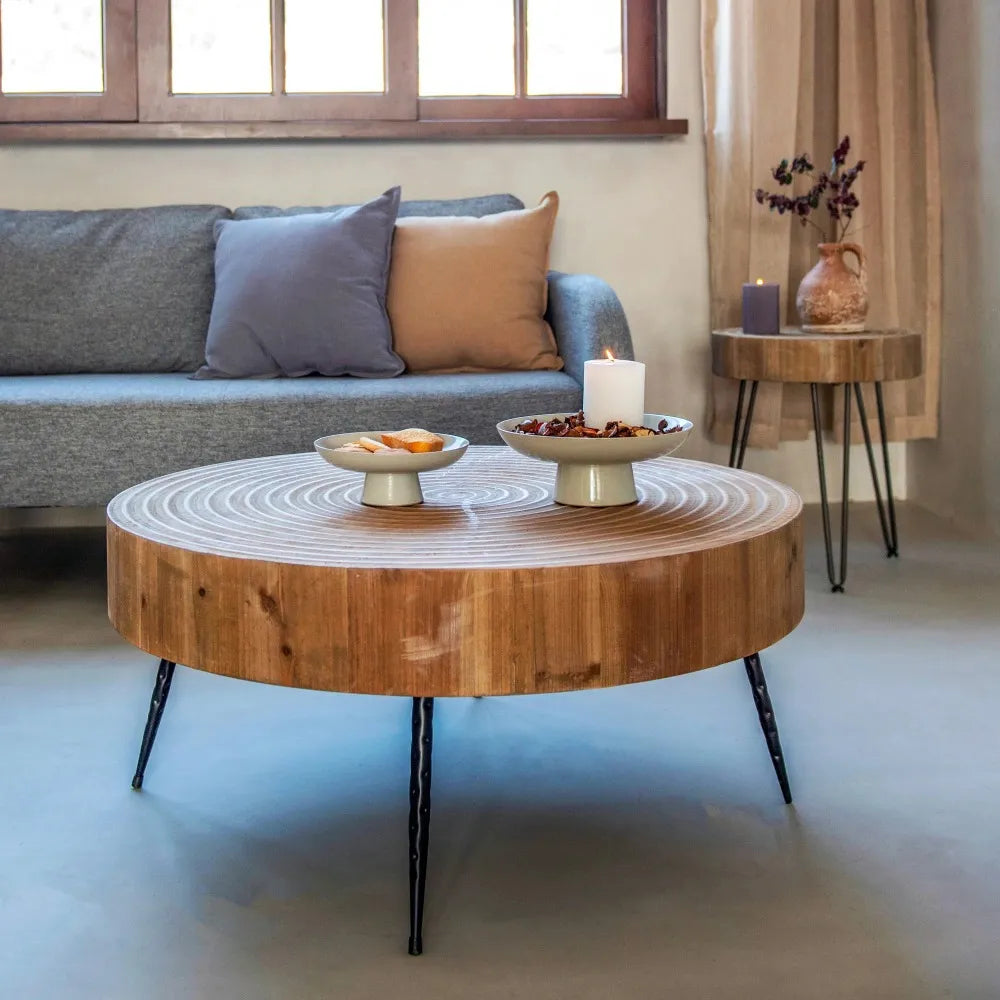 2-Piece Round Wooden Coffee Table Set